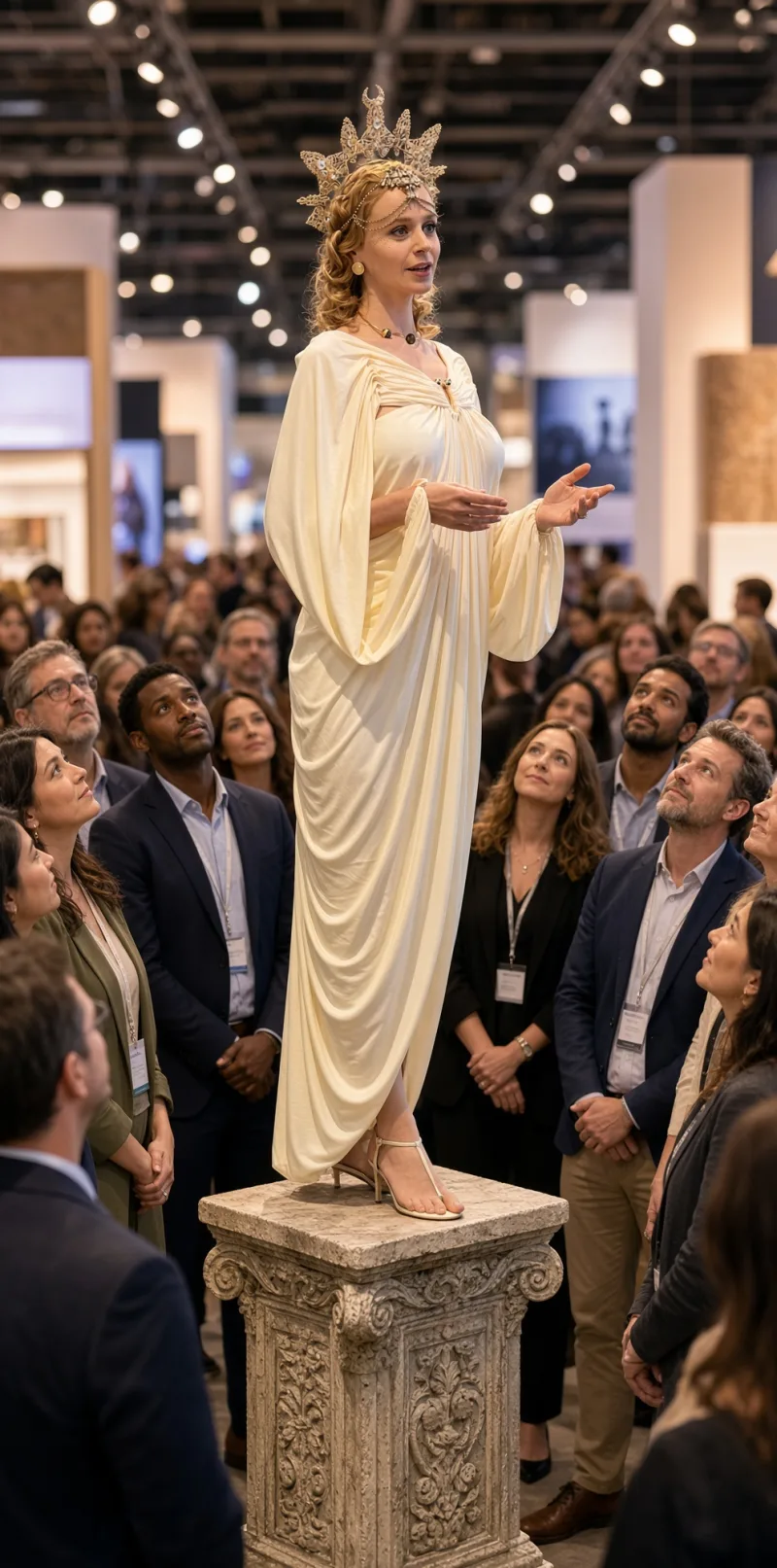 BerliNike as a live act — a divine performer on the trade-fair floor, surrounded by the audience