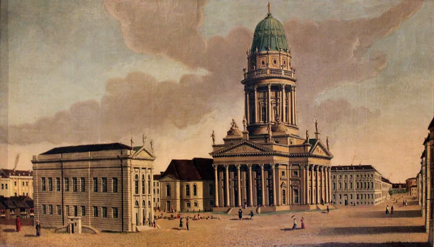 Carl Traugott Fechhelm, Gendarmenmarkt mit Französischem Komödienhaus und Französischem Dom, 1788, Märkisches Museum