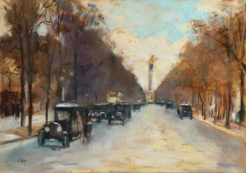 Lesser Ury, Siegesallee mit Siegessäule im Herbst, um 1925, Pastell